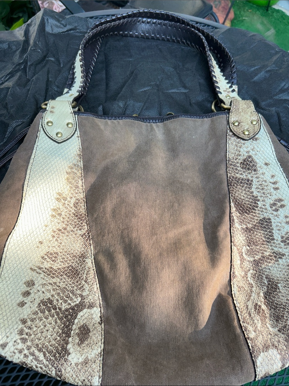 Donald J Pliner Canvas shoulder bag with Snake-Print Trim